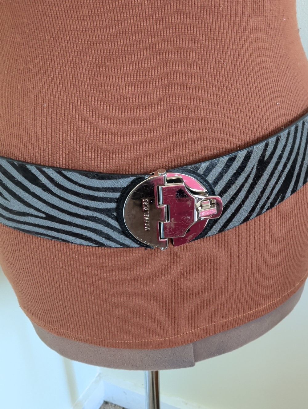 Michael Kors Black and Gray Zebra-Print Wide Waist Belt with Silver-Tone Buckle